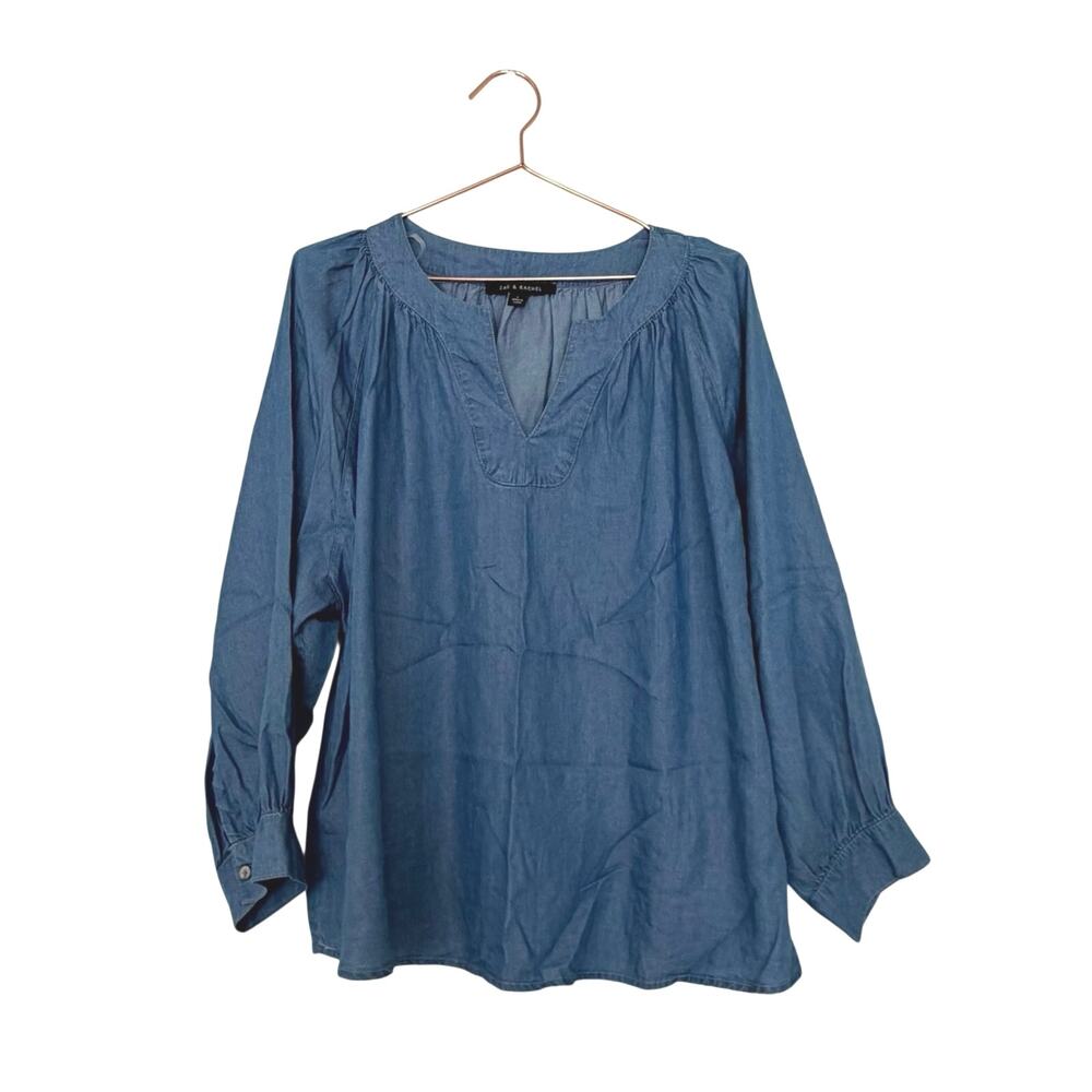 Zac & Rachel Light Blue Chambray Tunic v neck Top size large